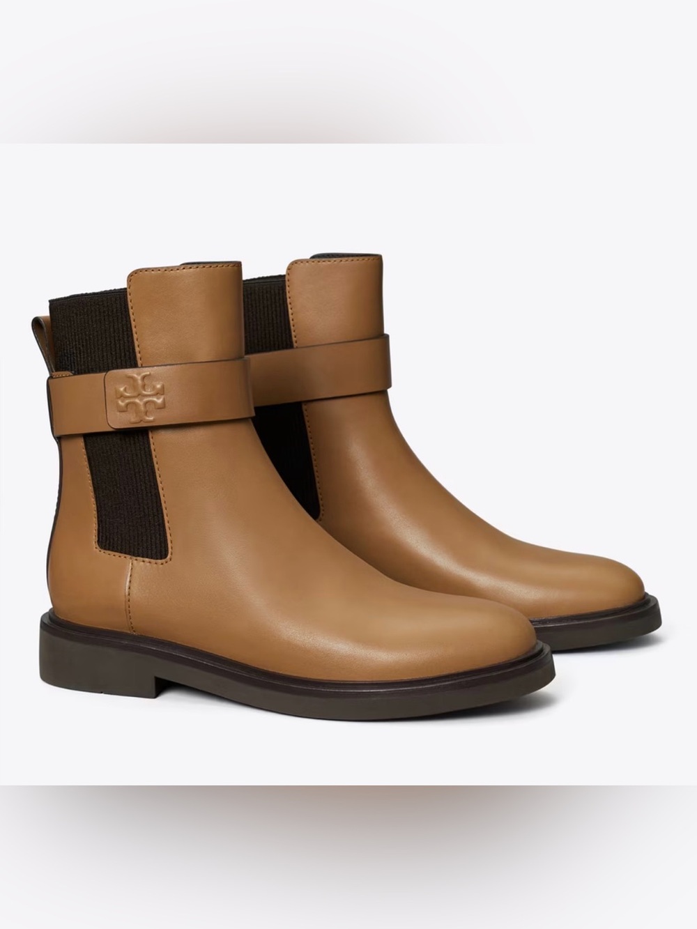Tory Burch Double T Chelsea Tan Ankle Boots with Adjustable Strap